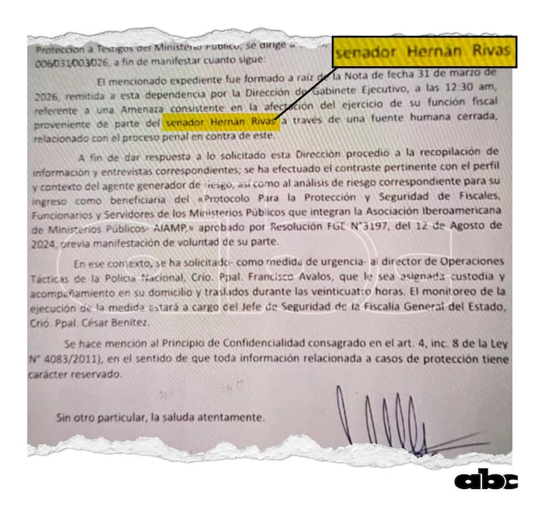 Documento oficial del Ministerio Público sobre amenaza a la fiscal Patricia Sánchez relacionado con el senador Hernán Rivas.