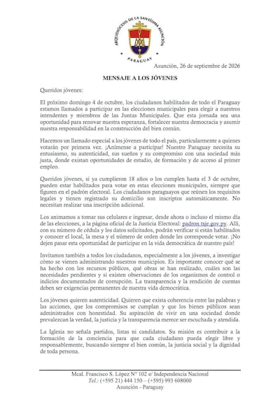 Mensaje impreso del Arzobispo con texto en blanco sobre fondo blanco, sin personas visibles.