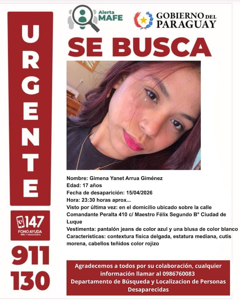 Cartel de búsqueda urgente con fotografía de Gimena, cabello rojizo, vestida con blusa blanca y jeans, en contexto urbano.