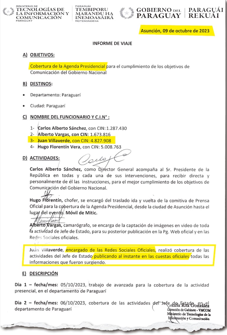 El informe de viaje confirma que Villaverde llevaba las redes oficiales de Peña.