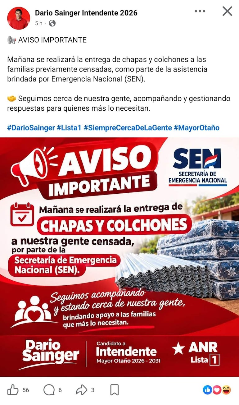 Anuncio digital sobre entrega de chapas y colchones, con colores rojos y azules, sin personas visibles.