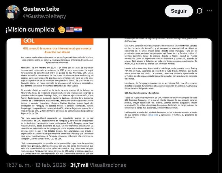 Documento con anuncio de GOL sobre nueva ruta internacional, sin personas visibles ni elementos destacados.
