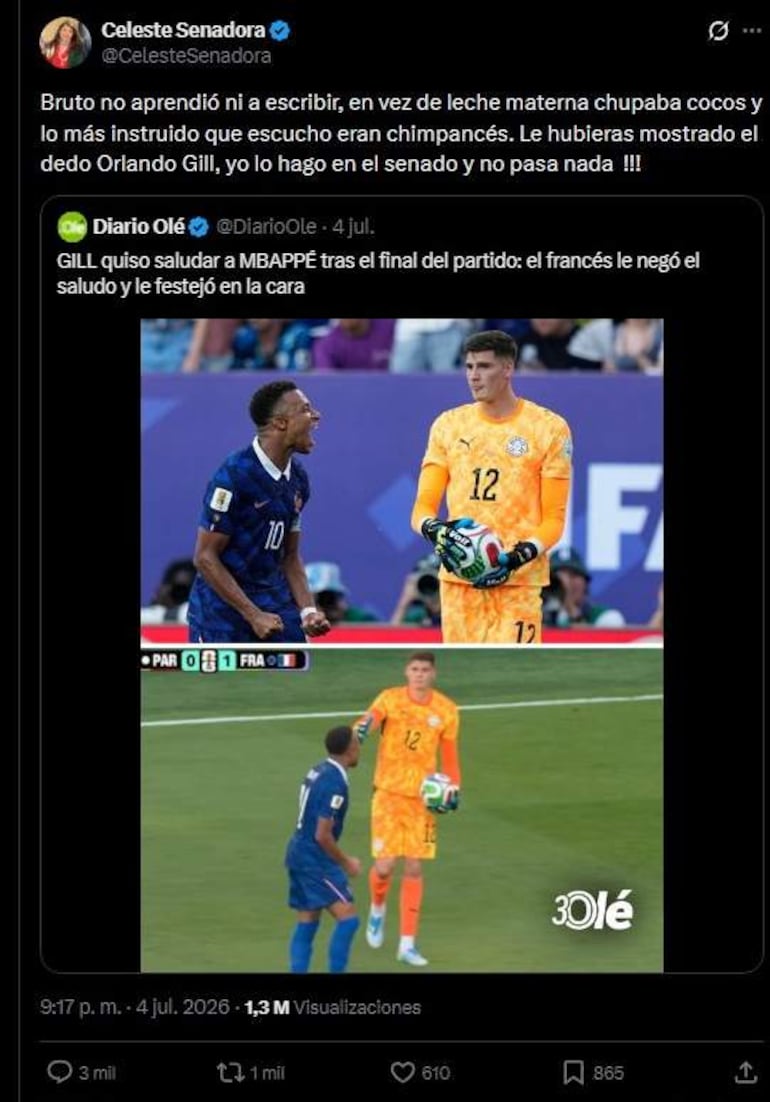 Celeste Amarilla tuitea sobre Mbappé, mientras espectadores siguen el partido en un estadio lleno.