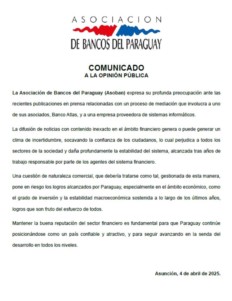 Comunicado de Asoban sobre publicaciones acerca de Banco Atlas.