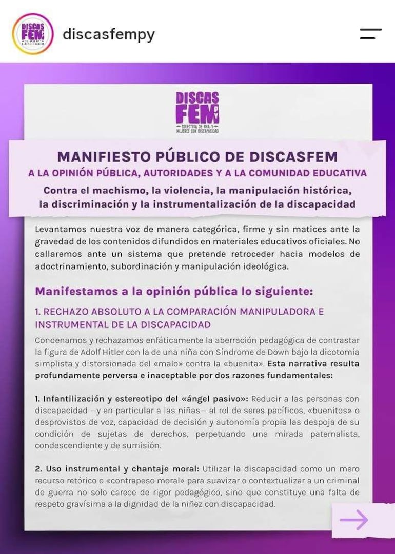 Póster del manifiesto de Discasfem en fondo púrpura con texto en blanco sobre machismo y manipulación histórica.