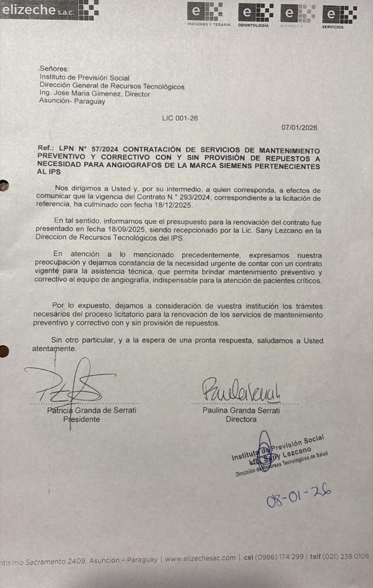 IPS: El contrato de mantenimiento del angiógrafo venció el 18/12/2025.
La empresa advirtió por nota que usarlo sin mantenimiento es peligroso para los pacientes.