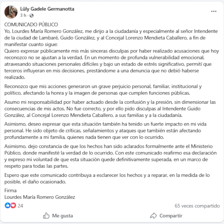 Lourdes María Romero González denunció por supuesto acoso y abuso sexual al intendente de Lambaré, Agustín Rosa "Guido" González Dans, y al concejal liberal, Lorenzo Mendieta Caballero.