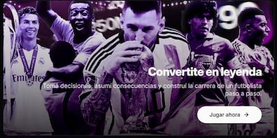Jugadores de fútbol en ambiente digital, uno levanta un trofeo y otro en uniforme. Diseño llamativo con el mensaje 'Convertite en leyenda'.