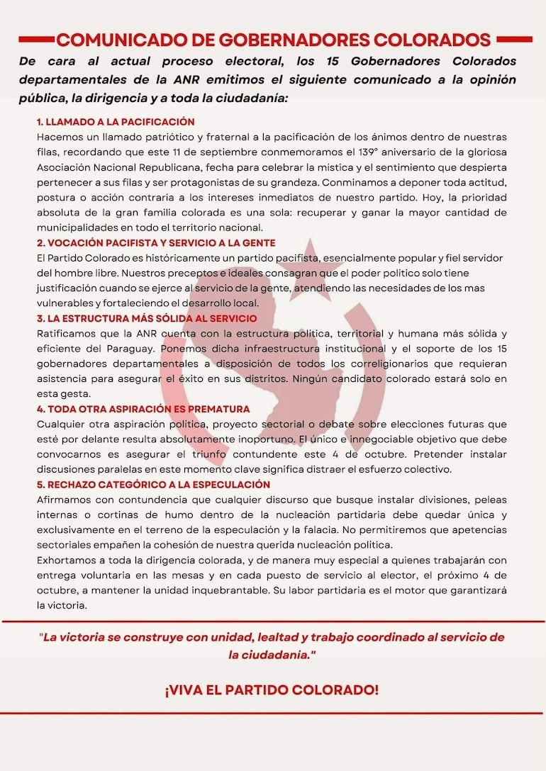 Comunicado impreso con texto en múltiples puntos sobre unidad y pacificación dentro del Partido Colorado en Paraguay.
