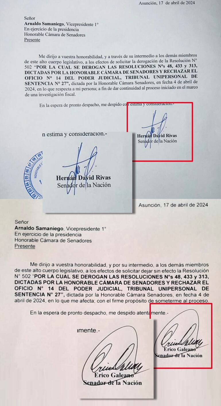 Notas presentadas por Erico Galeano y Hernán Rivas, para dejar sin efecto la devolución de sus fueros parlamentarios.