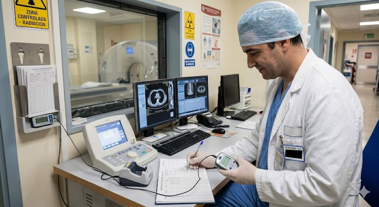 Médico en bata blanca y guantes, escribiendo en un cuaderno, rodeado de pantallas y equipos médicos en un ambiente de radiología.
