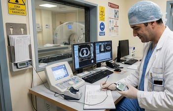 Médico en bata blanca y guantes, escribiendo en un cuaderno, rodeado de pantallas y equipos médicos en un ambiente de radiología.