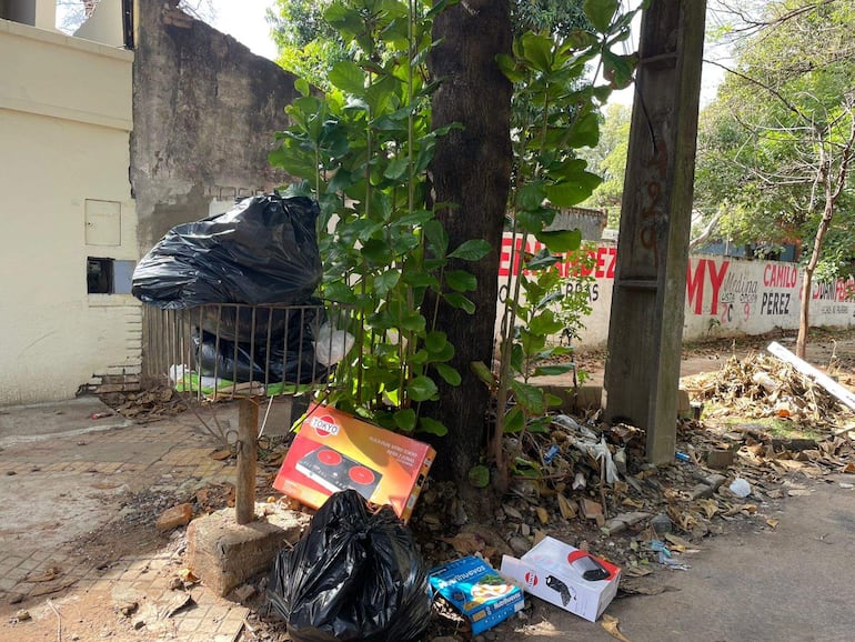 Escena urbana desértica con una papelera metálica llena de bolsas de basura y cartones desechados en el suelo.
