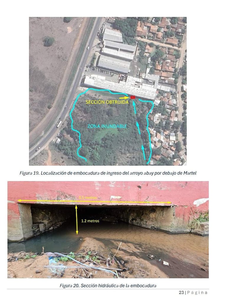 Mapa aéreo de la embocadura del arroyo Abay, destacando una zona inundable y obstrucciones, sin personas visibles.