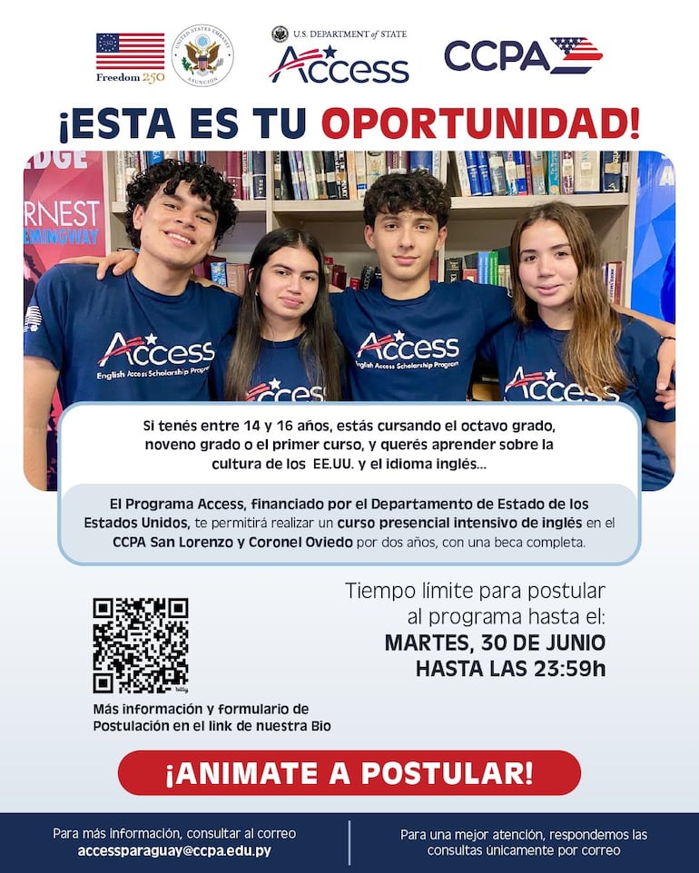 La Embajada de los Estados Unidos informó que la convocatoria del programa Access 2026 se encuentra abieta y está dirigida a jóvenes de entre 14 y 16 años.
