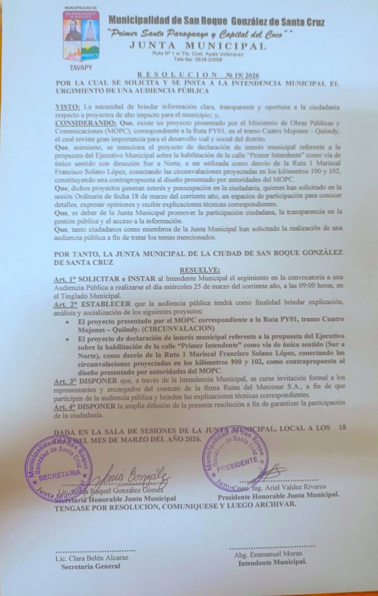 Junta Municipal pide al intendente Morán convocar a audiencia por proyectos viales.