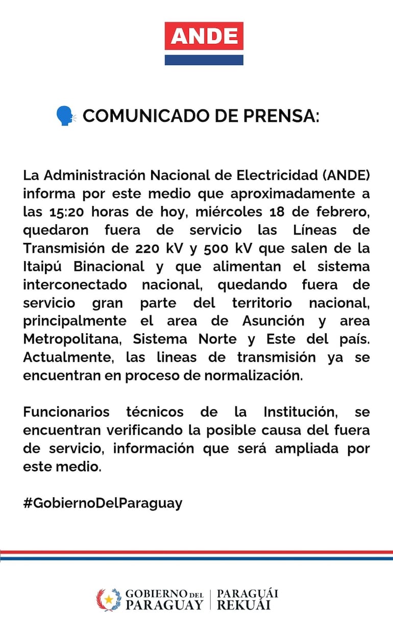 Comunicado de la ANDE