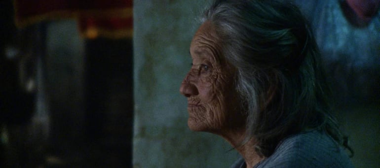 Mujer anciana de cabello canoso y rostro arrugado, mirando hacia el horizonte en un fondo oscuro y difuso.