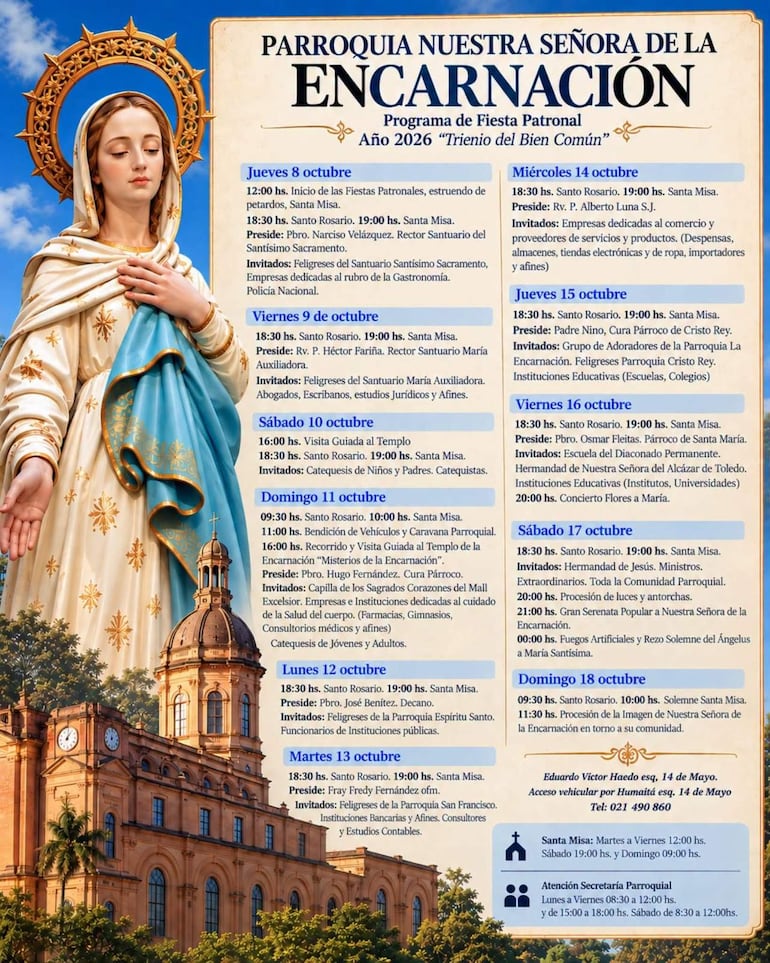 Cartel informativo de la Parroquia Nuestra Señora de la Encarnación con programación de festividades en fondo azul y representación artística de la Virgen María.