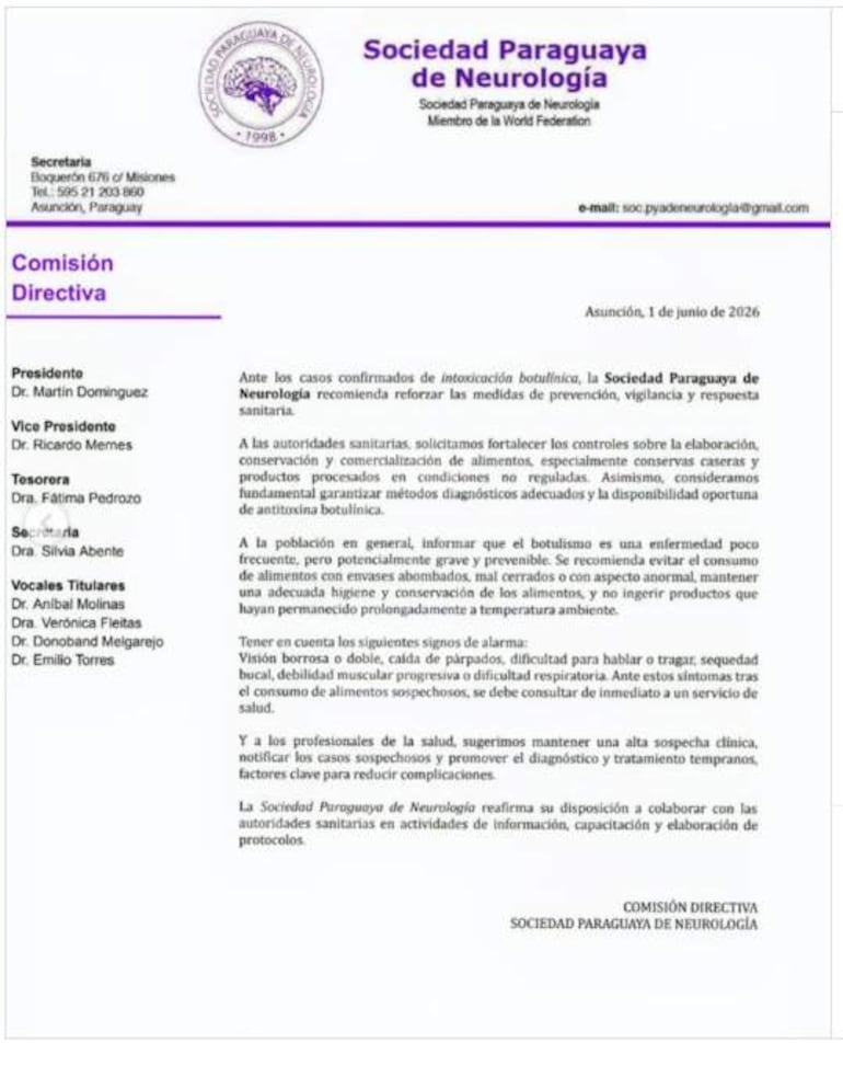 Comunicado oficial de la Sociedad Paraguaya de Neurología con texto sobre botulismo y recomendaciones sanitarias.