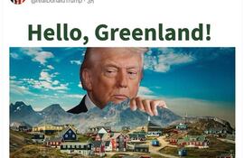 AME5172. WASHINGTON (ESTADOS UNIDOS), 01/08/2026.- Imagen difundida en la cuenta en la red Truth Social @realDonaldTrump del presidente de EE.UU., Donald Trump, donde volvió este sábado a mostrar su interés en Groenlandia al compartir un mensaje con una fotografía suya sobre la isla con la frase, "Hello, Greenland". EFE/ @realDonaldTrump /SOLO USO EDITORIAL/ SOLO DISPONIBLE PARA ILUSTRAR LA NOTICIA QUE ACOMPAÑA (CRÉDITO OBLIGATORIO)
