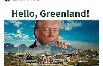 AME5172. WASHINGTON (ESTADOS UNIDOS), 01/08/2026.- Imagen difundida en la cuenta en la red Truth Social @realDonaldTrump del presidente de EE.UU., Donald Trump, donde volvió este sábado a mostrar su interés en Groenlandia al compartir un mensaje con una fotografía suya sobre la isla con la frase, "Hello, Greenland". EFE/ @realDonaldTrump /SOLO USO EDITORIAL/ SOLO DISPONIBLE PARA ILUSTRAR LA NOTICIA QUE ACOMPAÑA (CRÉDITO OBLIGATORIO)