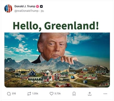 AME5172. WASHINGTON (ESTADOS UNIDOS), 01/08/2026.- Imagen difundida en la cuenta en la red Truth Social @realDonaldTrump del presidente de EE.UU., Donald Trump, donde volvió este sábado a mostrar su interés en Groenlandia al compartir un mensaje con una fotografía suya sobre la isla con la frase, "Hello, Greenland". EFE/ @realDonaldTrump /SOLO USO EDITORIAL/ SOLO DISPONIBLE PARA ILUSTRAR LA NOTICIA QUE ACOMPAÑA (CRÉDITO OBLIGATORIO)
