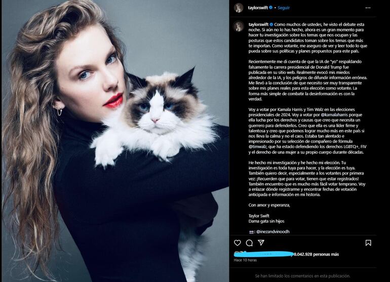 Taylor Swift dio su apoyo a Kamala Harris y los demócratas.
