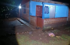 Casa de ladrillos azules con puerta de madera y ventana metálica, sin personas visibles en el entorno rural y tranquilo.