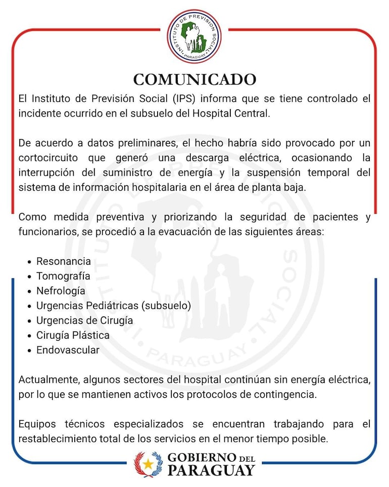Comunicado que emitió el IPS tras el percance eléctrico en el Hospital Central.