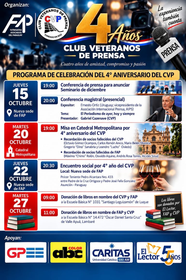Programa de actos con motivo del 4° aniversario del Club Veteranos de Prensa.