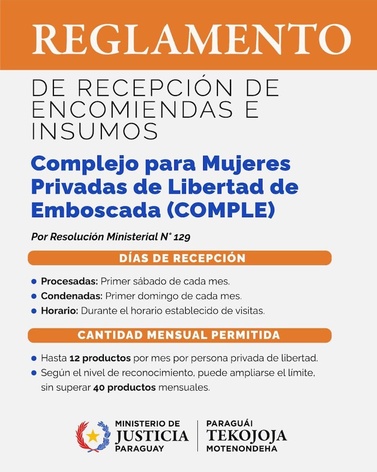 Reglamento para la recepción de encomiendas e insumos en el Comple.