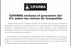 CIFARMA rechaza el gravamen del 5% sobre las ventas de tirzepatida.