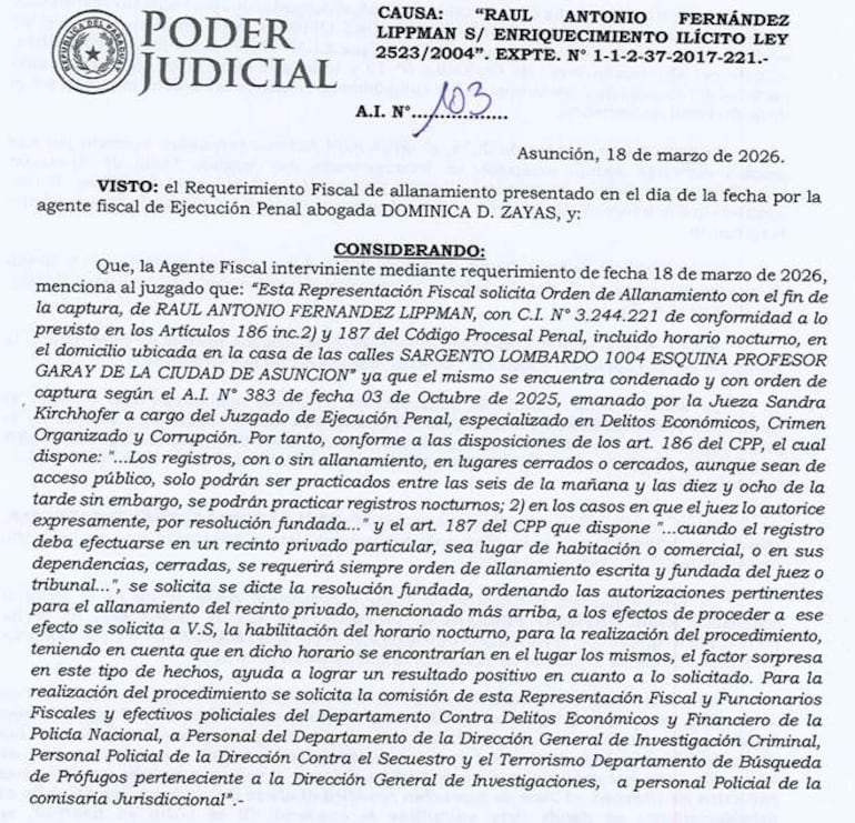 Documento oficial del Poder Judicial sobre allanamiento, con texto legal y firma de la abogada Dominica D. Zayas.