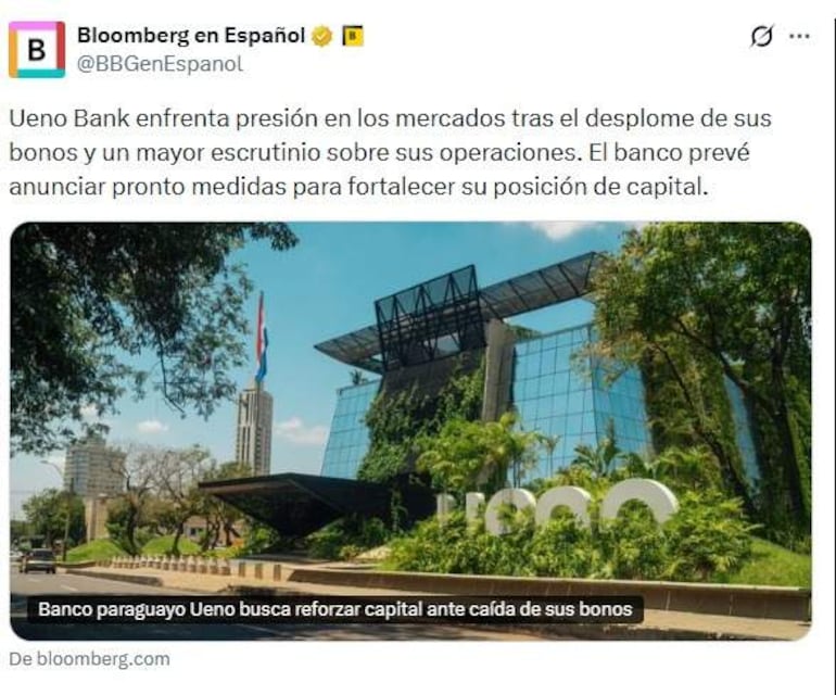 Fachada moderna del Ueno Bank destacando el nombre 'Ueno' y la bandera de Paraguay en un entorno iluminado.