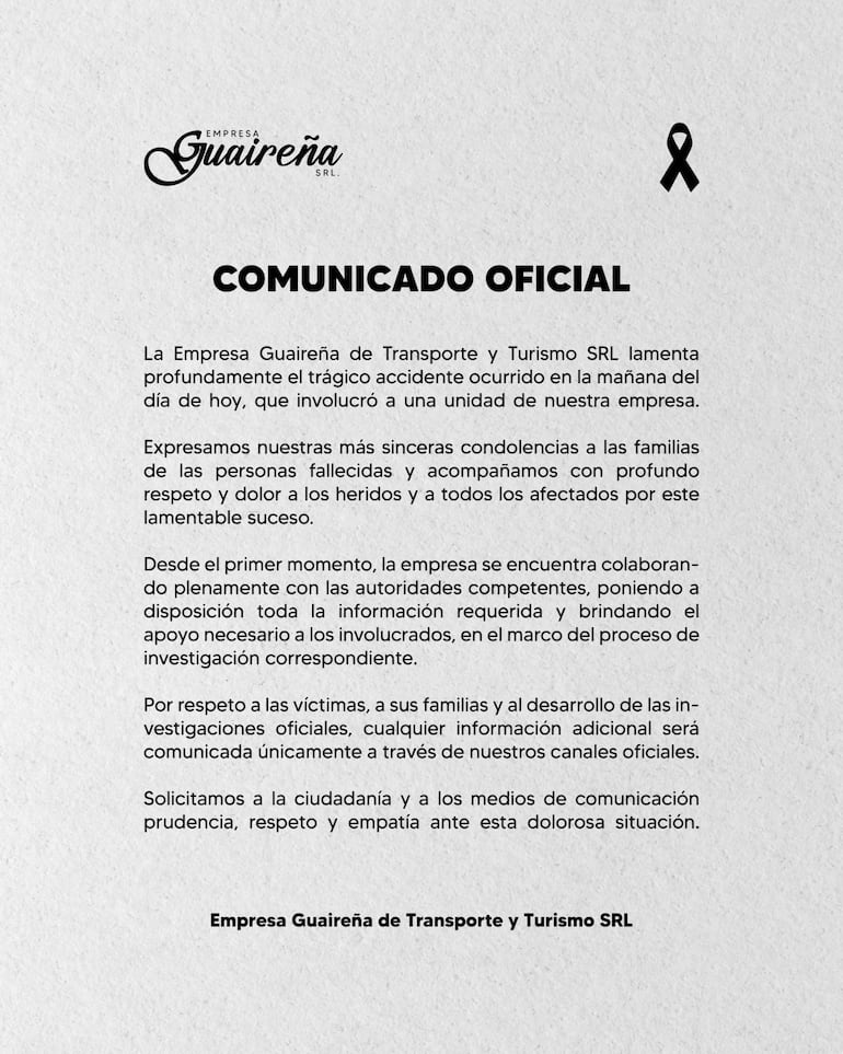 Comunicado de la empresa Guaireña tras el accidente fatal.