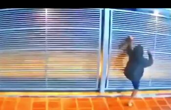 Momento en el que el joven comienza a trepar el portón para escapar del ataque del perro que cuidaba la casa.