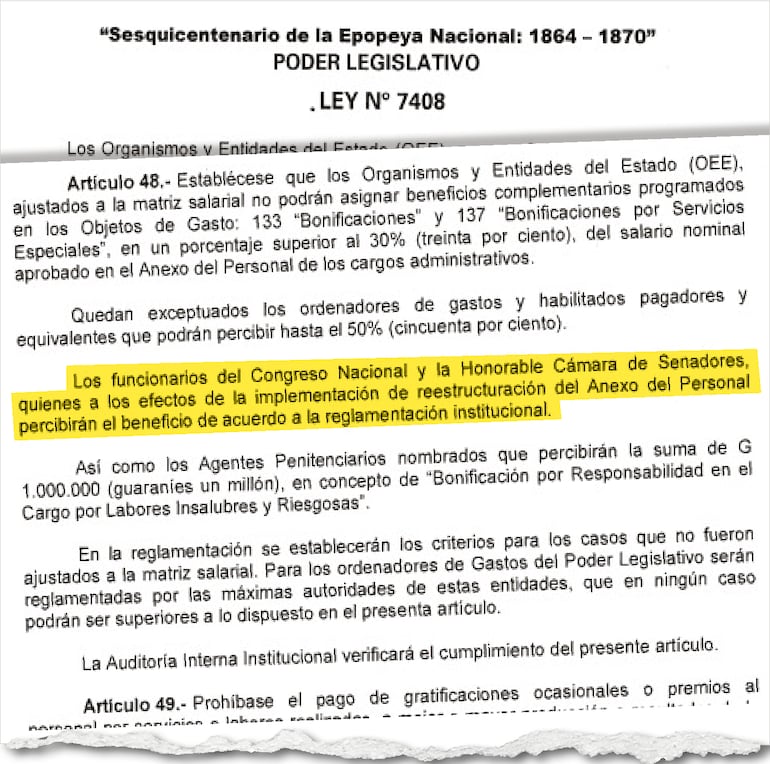 Para la Ley N° 7408 (PGN 2025) ya aparece el privilegio para  funcionarios del Senado y Congreso