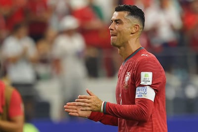 El portugués Cristiano Ronaldo reacciona tras la derrota de su equipo en el partido de octavos de final de la Copa Mundial de la FIFA 2026 entre Portugal y España, en Dallas, EE. UU..