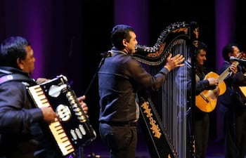 Hombre tocando el acordeón y arpista concentrado, con dos músicos más sosteniendo guitarras, en un ambiente de luces moradas.