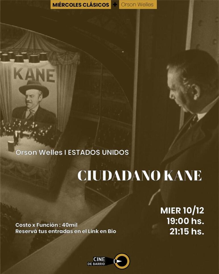Ciudadano Kane, es la película de Orson Welles que se verá como cierre del ciclo Miércoles Clásicos en Cine de Barrio.