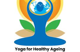 Logotipo del Día Internacional del Yoga con figura estilizada en postura de yoga y globo terráqueo, rodeado de hojas verdes y soles amarillos.