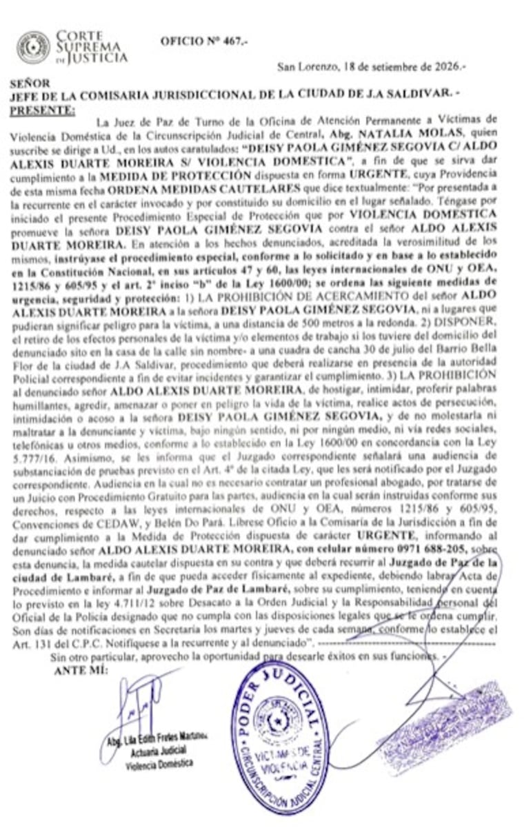 En la misma tarde de ese mismo  día 18 de sepiemnbre, el juzgado ordenó el alejamiento del agresor de la víctima. 