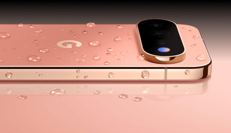 Teléfono móvil rosa con gotas de agua, diseño elegante y logotipo 'G' visible en el centro.