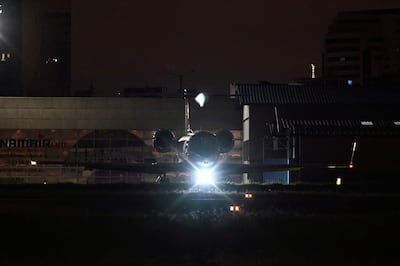 A plane allegedly carrying defeated Brazil's right-wing presidential candidate Flavio Bolsonaro prepares to take-off at Jose Joaquin de Olmedo airport in Guayaquil, Ecuador on October 28, 2026. Bolsonaro boarded a flight to Ecuador after fleeing Brazil, Argentina's government said on October 28, 2026. (Photo by MARCOS PIN / AFP)
