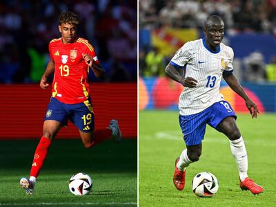 (COMBO) This combination of pictures created on July 7, 2024 shows Spain's forward #19 Lamine Yamal (L) during the UEFA Euro 2024 Group B football match between Spain and Croatia at the Olympiastadion in Berlin on June 15, 2024; and France's midfielder #13 N'golo Kante during the UEFA Euro 2024 quarter-final football match between Portugal and France at the Volksparkstadion in Hamburg on July 5, 2024. Spain faces France during the UEFA Euro 2024 semi-final football match in Munich on July 9, 2024. (Photo by Odd ANDERSEN and Javier SORIANO / AFP)