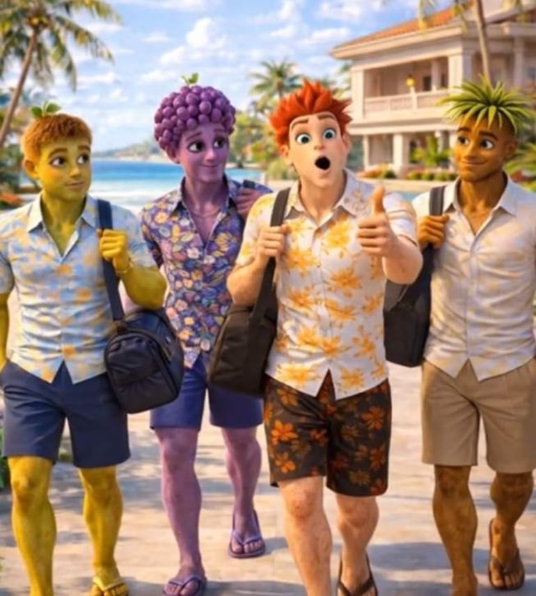 Cuatro personajes animados: verde amarillento, púrpura, cabello rojo y marrón claro, lucen camisas florales y pantalones cortos, mostrando entusiasmo.