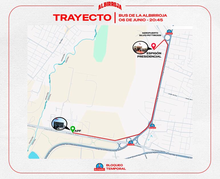 Trayecto del bus de la Albirroja esta noche con un bloqueo temporal.
