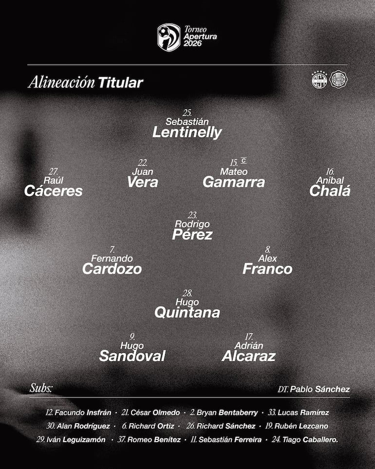 Formación de Olimpia para enfrentar a Sportivo Trinidense.