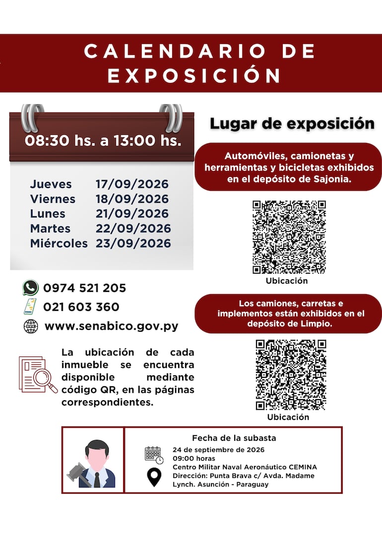Flyer sobre el calendario de exposición y la ubicación donde se podrán observar los vehículos que estarán en la subasta.